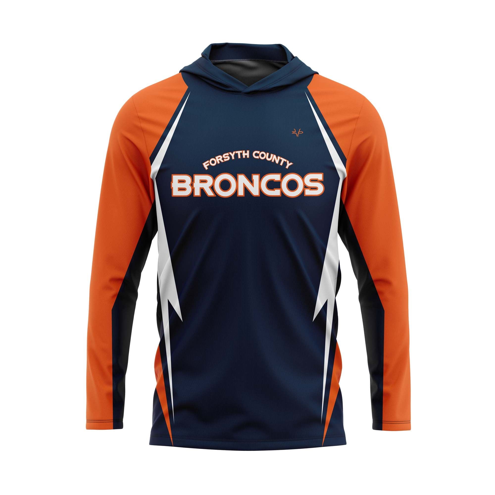 FORSYTH COUNTY BRONCOS Football Sublimated Long Sleeve T-Shirt Hoodie (CUSTOMIZABLE)