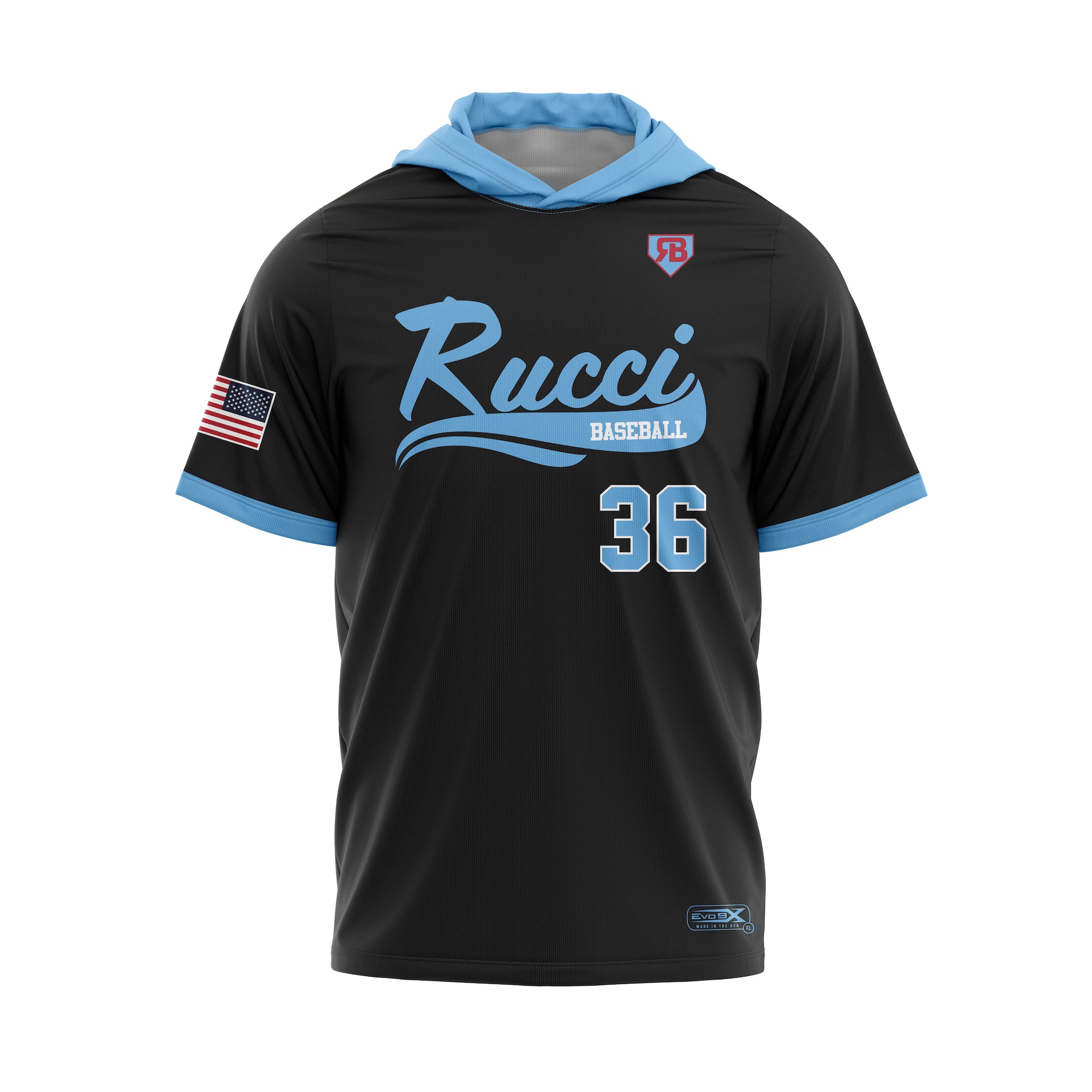 RUCCI BASEBALL SCRIPT LIGHTWEIGHT HOODIE SS - BLACK/CAROLINA BLUE