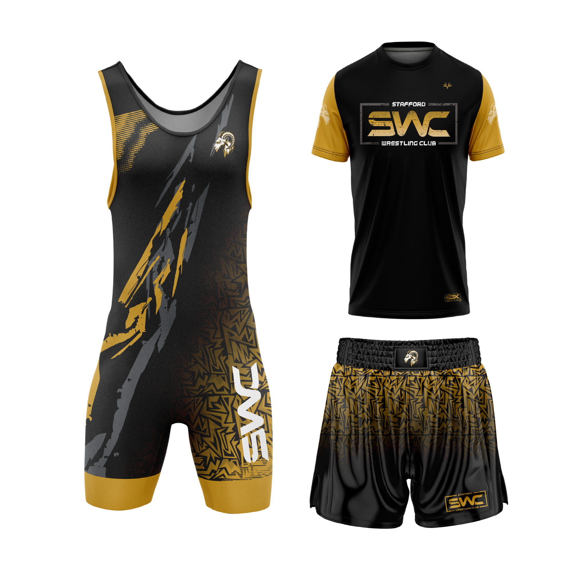 STAFFORD WRESTLING BUNDLE - SINGLET, CREWNECK SS, FIGHT SHORT