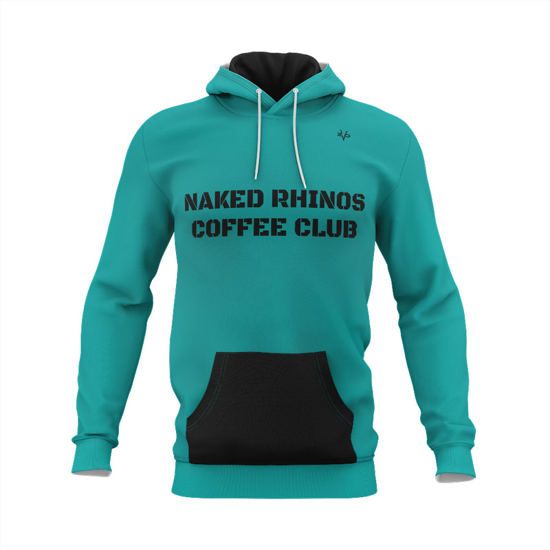 Naked Rhinos Coffee Club Teal Hoodie- Black Pouch, inside hood